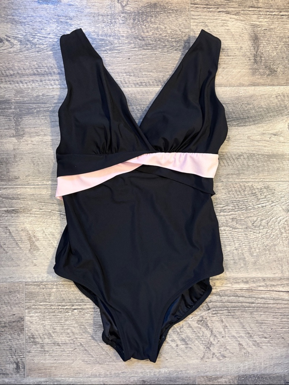 Black One-Piece Swimsuit with Pale Pink Waistband
